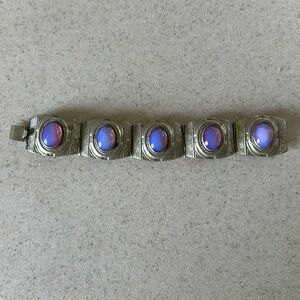 Vintage Taxco Sterling Silver Faux Opal Glass Cabochon Wide Panel Bracelet